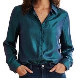 Dana Buchman button-up blouse Teal blue shimmer Blazer petite size 4